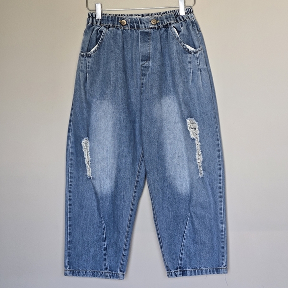 Boho Balloon Barrel Leg Cropped Blue Pull-On Slouchy Distressed Jeans - Picture 6 of 6